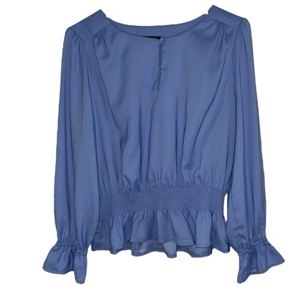 Ann Taylor Petite Peplum Blouse Ruffle Sleeve Womens Size LP Blue Career Office - Picture 3 of 7